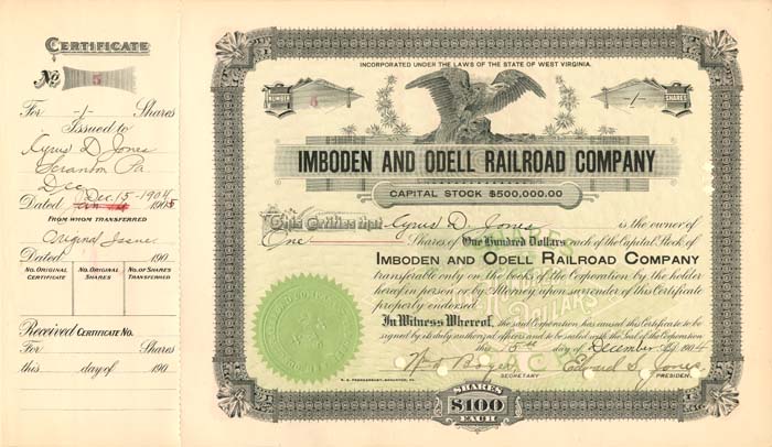 Imboden and Odell Railroad Co. - Stock Certificate